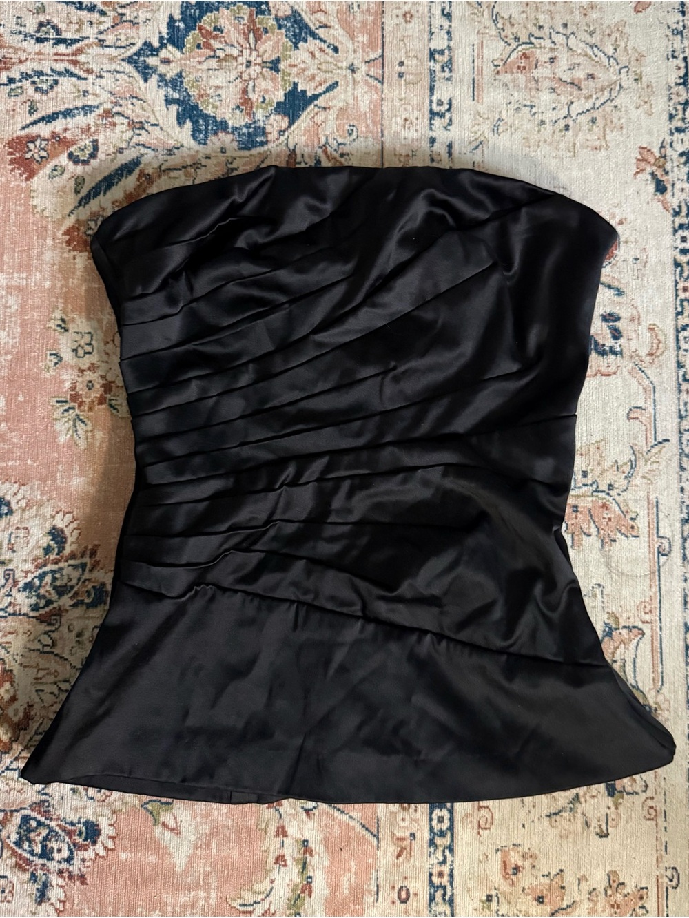 Strapless Black Satin Ruched Evening Dress